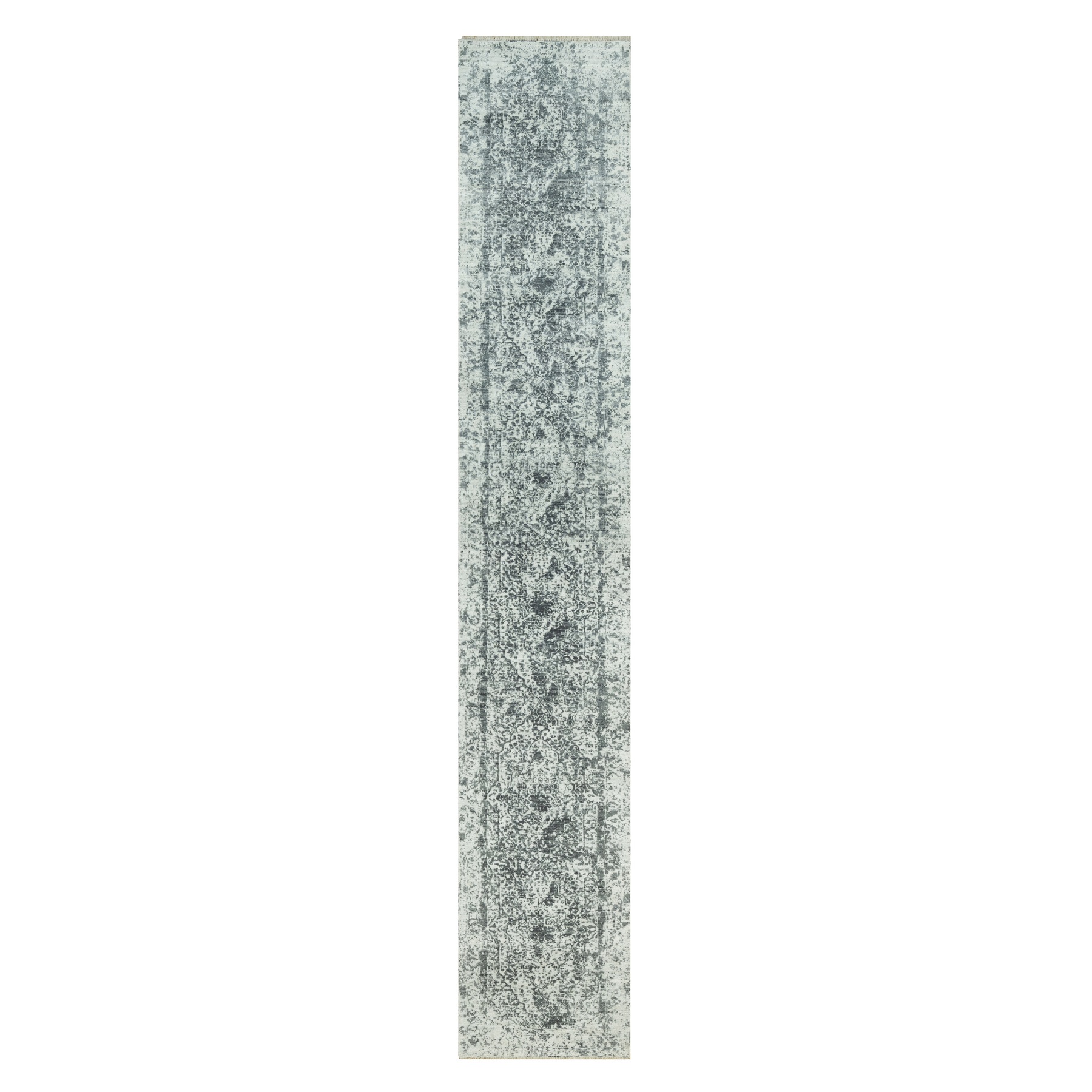 2'6"x15'8" Wind Chime Gray, Hand Knotted Broken and Erased Persian Design With Wool and Silk, Oriental XL Runner Rug HR90473
