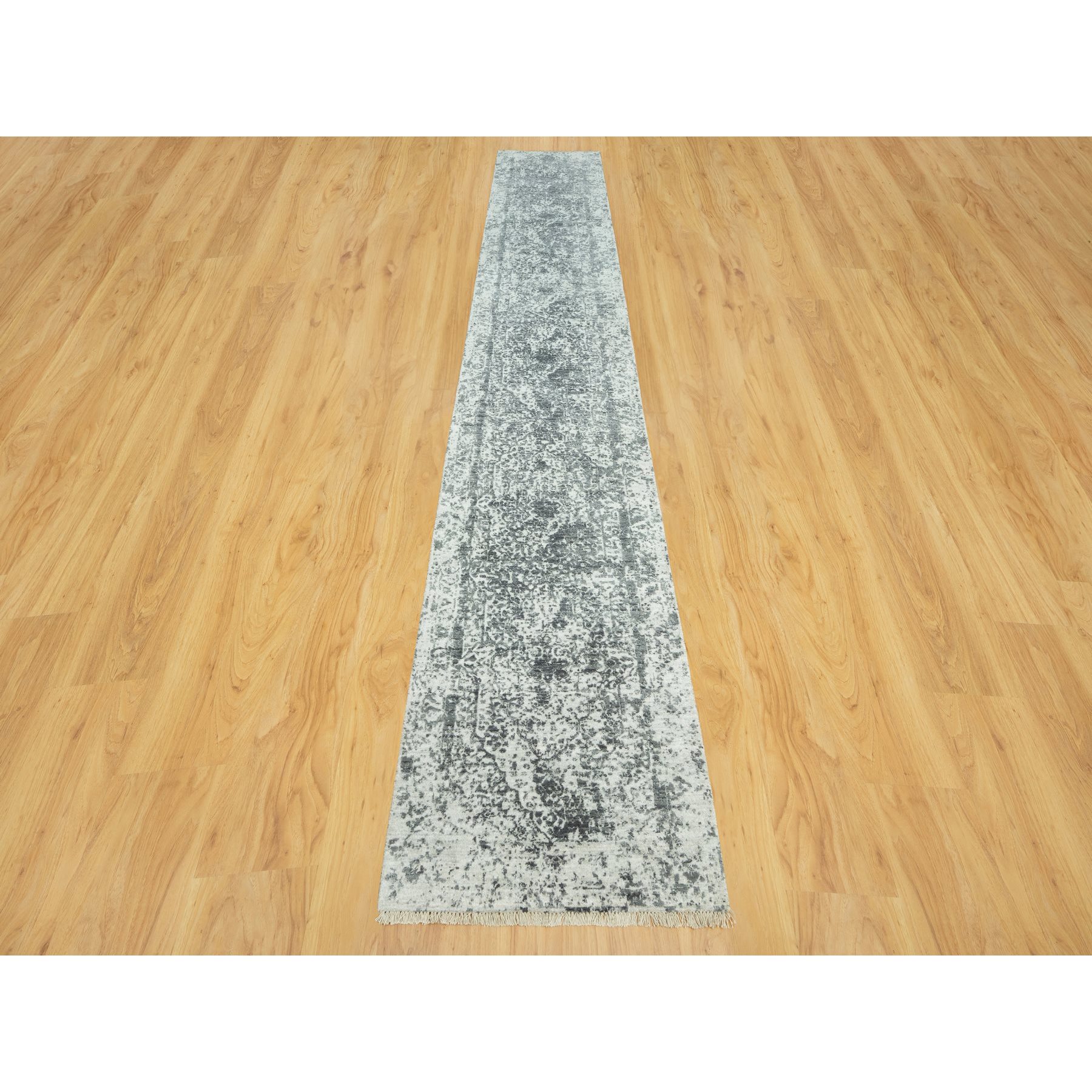 2'6"x15'8" Wind Chime Gray, Hand Knotted Broken and Erased Persian Design With Wool and Silk, Oriental XL Runner Rug HR90473 - Image 2