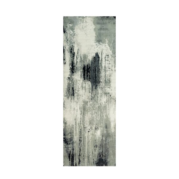 4'2x12' Iridium Black with a Anti-Flash White, Abstract Design with Wool and Silk, Hand Knotted, Oriental, Wide Runner Rug HR90474