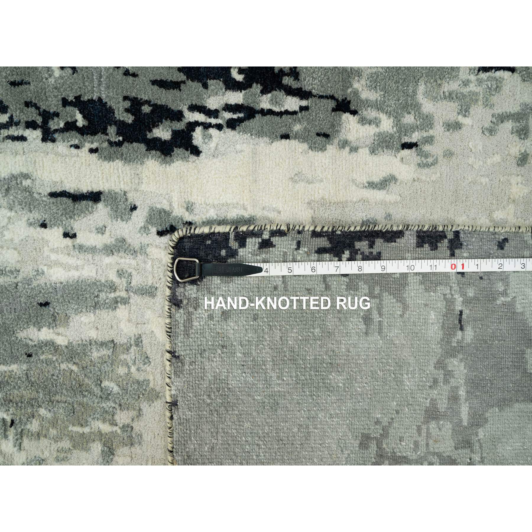 4'2x12' Iridium Black with a Anti-Flash White, Abstract Design with Wool and Silk, Hand Knotted, Oriental, Wide Runner Rug HR90474 - Image 8