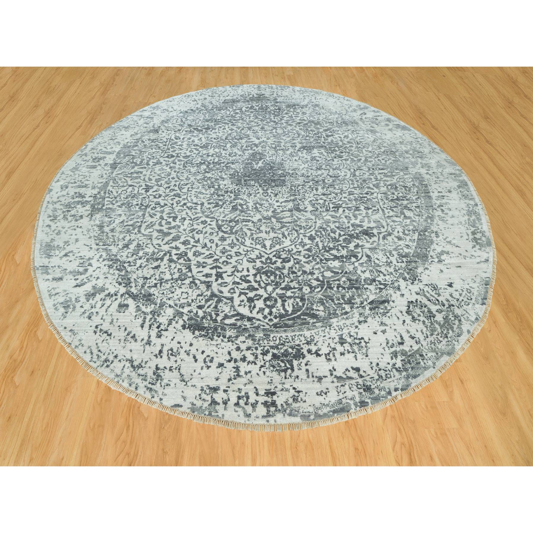 14'x14' Lamp Room and Castlerock Gray, Broken and Erased Hand Knotted Persian Design, Wool and Silk Square Oriental Rug HR90480 - Image 2