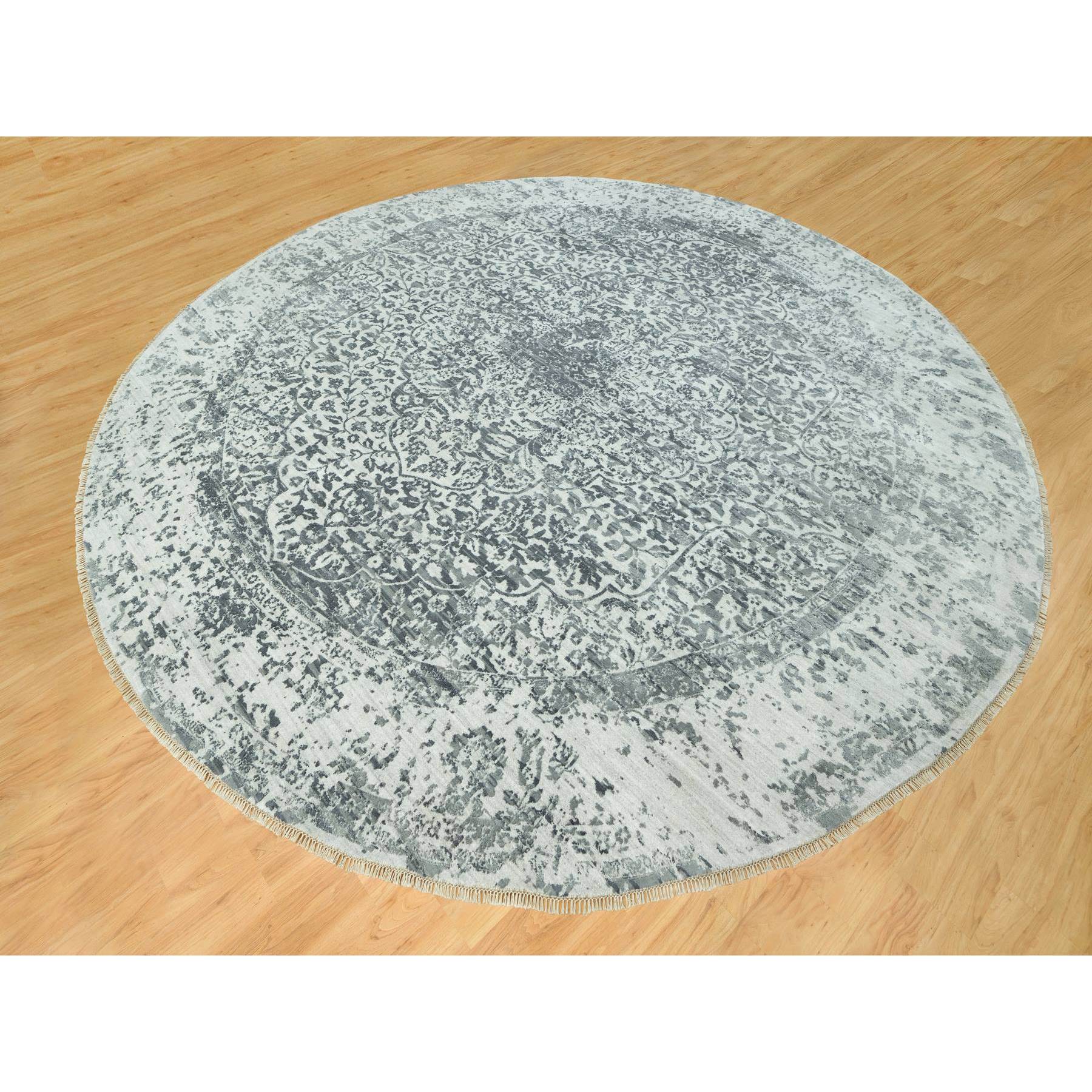 14'x14' Lamp Room and Castlerock Gray, Broken and Erased Hand Knotted Persian Design, Wool and Silk Square Oriental Rug HR90480 - Image 3