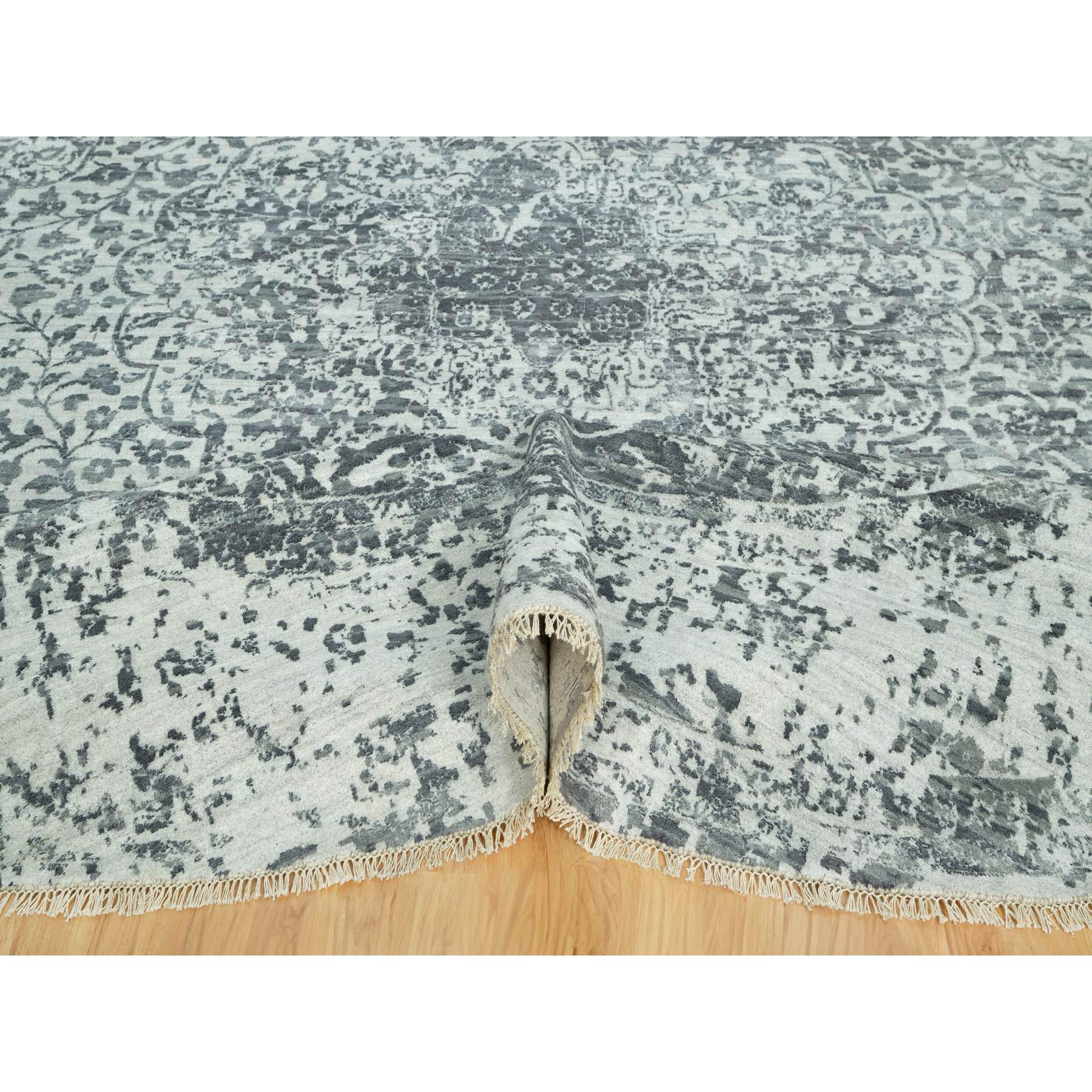 14'x14' Lamp Room and Castlerock Gray, Broken and Erased Hand Knotted Persian Design, Wool and Silk Square Oriental Rug HR90480 - Image 5
