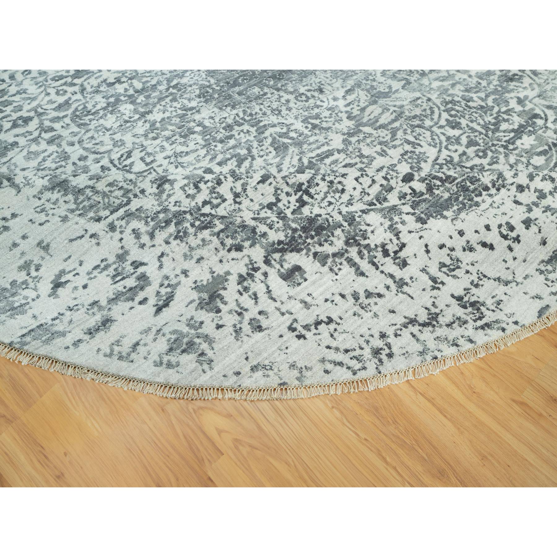 14'x14' Lamp Room and Castlerock Gray, Broken and Erased Hand Knotted Persian Design, Wool and Silk Square Oriental Rug HR90480 - Image 6