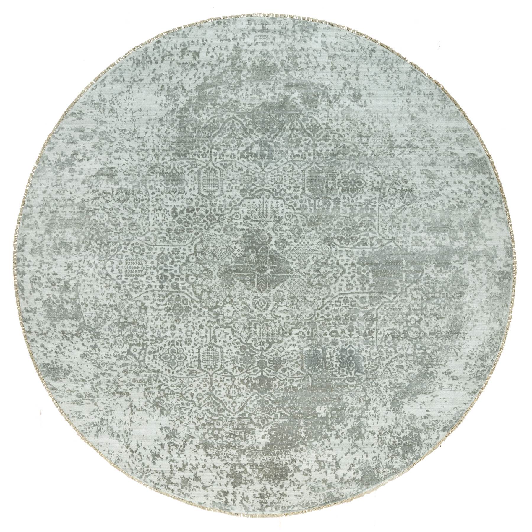 13'10"x13'10" Pale Smoke Gray, Persian Design, Soft to Touch, Denser Weave, Hand Knotted, Wool and Silk, Round Oriental Rug HR90483