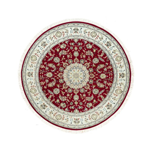 8'x8' Barn Red, Densely Woven 250 KPSI, Soft Wool, Hand Knotted Nain Large Center Medallion Flower Design,  Oriental Round Rug HR90496