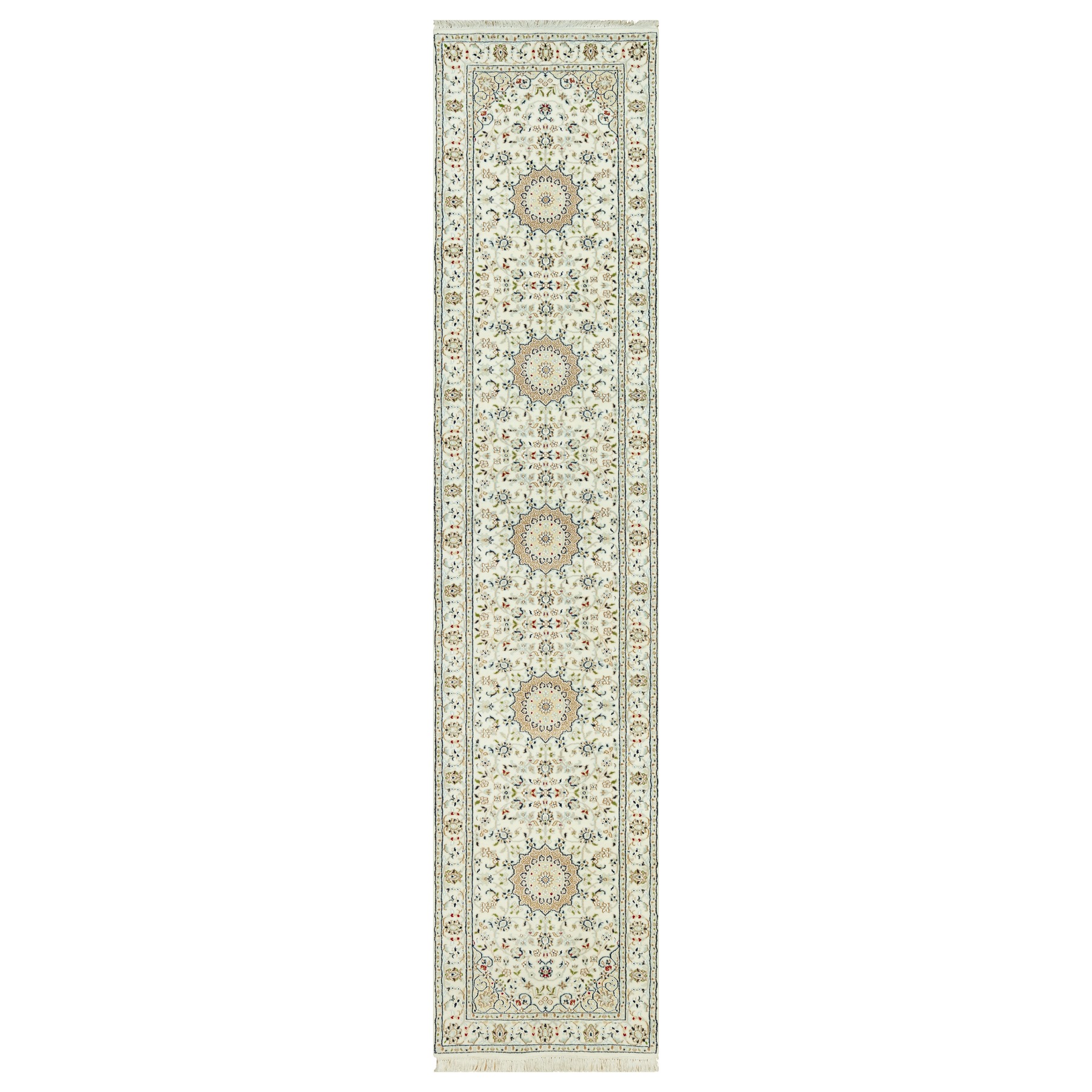 2'8"x12'1" Huntington White, Denser Weave Nain With Central Medallion Flower Design, Hand Knotted, 250 KPSI 100% Wool, Runner Oriental Rug HR90504