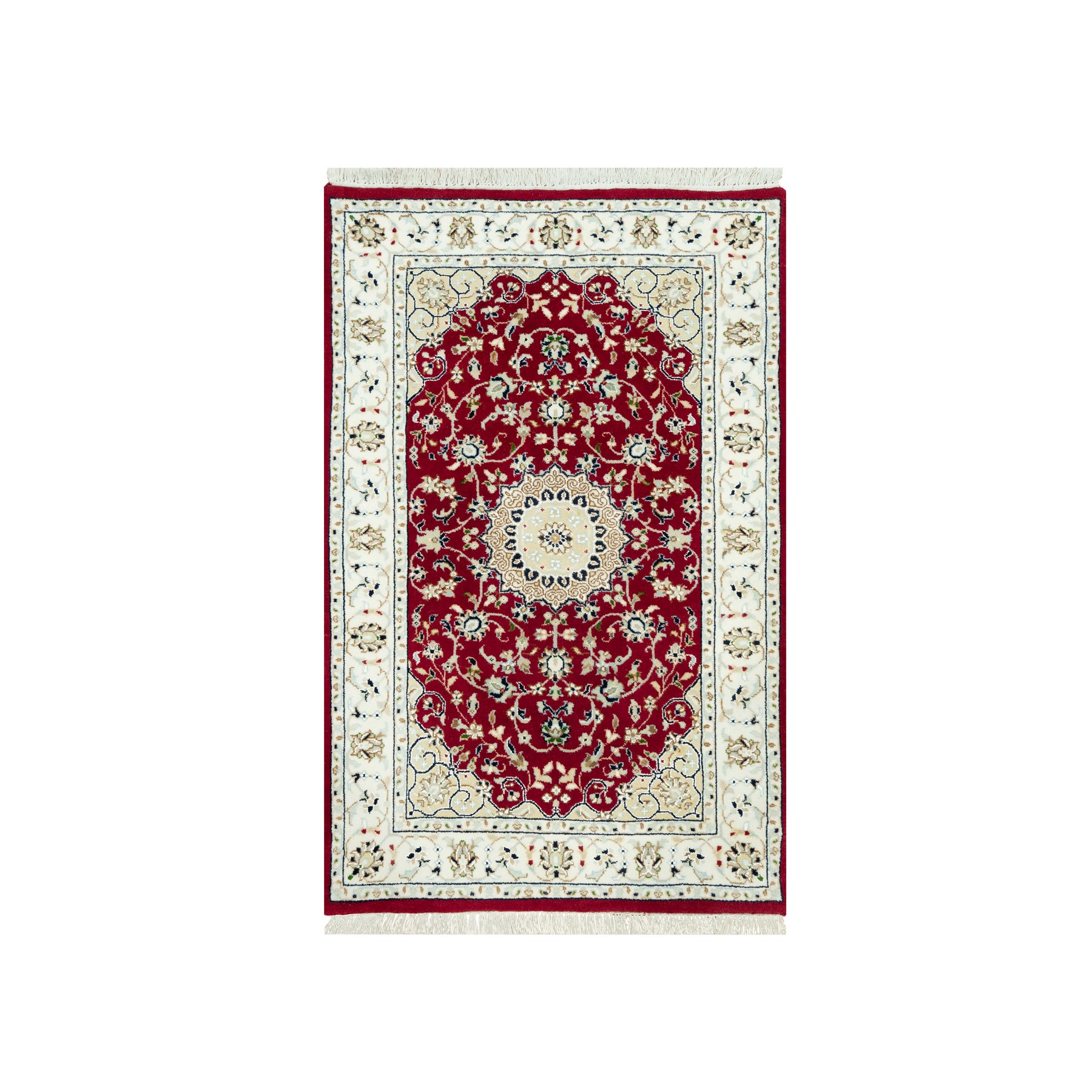 2'7"x4'1" Sun Dried Tomato Red, Extra Soft Wool Nain With Large Central Medallion Floral Design, 250 KPSI Hand Knotted Oriental Rug HR90515