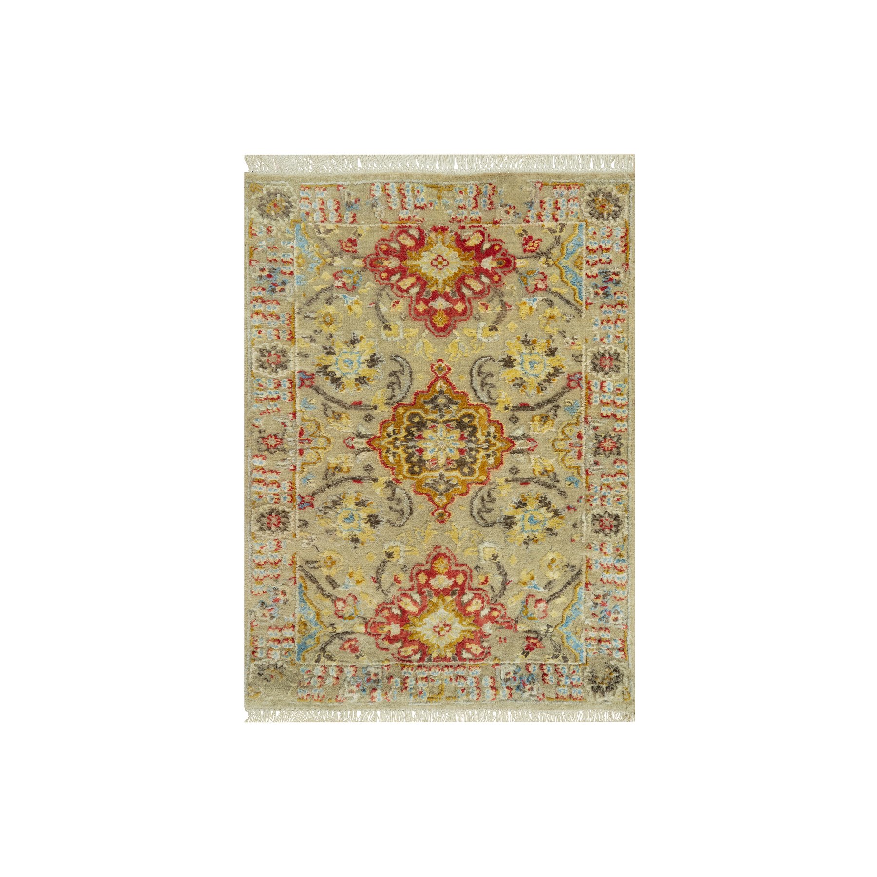 2'3"x3' Parmesan Beige, Wool and Pure Silk, The Sunset Rosettes with Vibrant Colors, Hand Knotted, Soft to Touch, Oriental Rug HR90522
