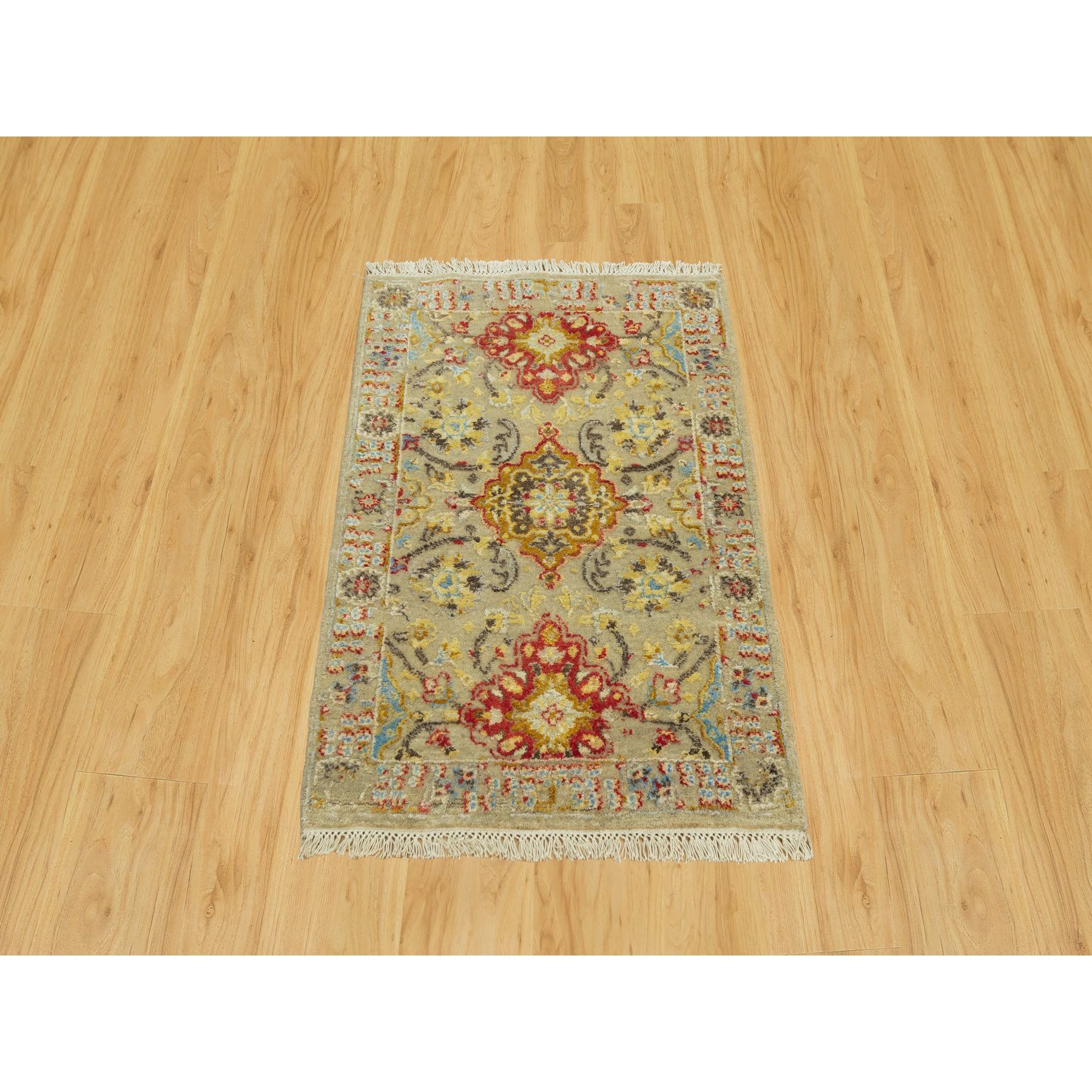 2'3"x3' Parmesan Beige, Wool and Pure Silk, The Sunset Rosettes with Vibrant Colors, Hand Knotted, Soft to Touch, Oriental Rug HR90522 - Image 2