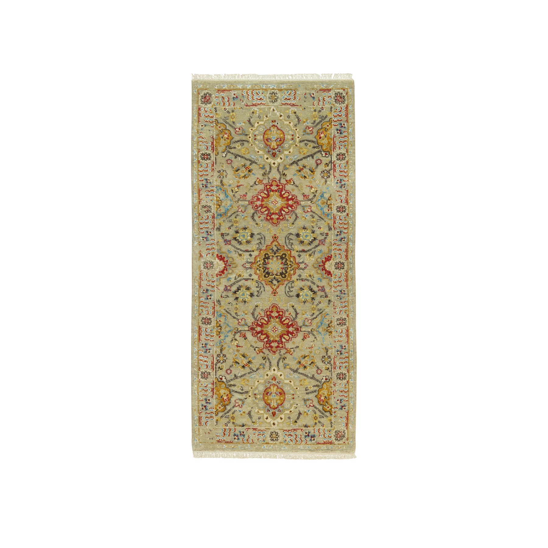 2'8"x6' Dandelion Beige, Hand Knotted, Soft to Touch, The Sunset Rosettes, Vibrant Colors, Wool and Pure Silk, Runner Oriental Rug HR90524