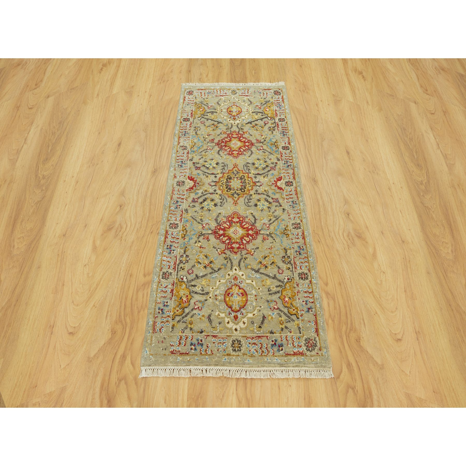 2'8"x6' Dandelion Beige, Hand Knotted, Soft to Touch, The Sunset Rosettes, Vibrant Colors, Wool and Pure Silk, Runner Oriental Rug HR90524 - Image 2