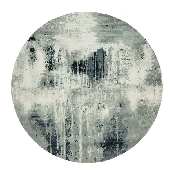 12'x12' Obsidian Black with Delicate White, Hand Knotted, Soft to Touch Abstract Design, Wool and Silk, Round Oriental Rug HR90525