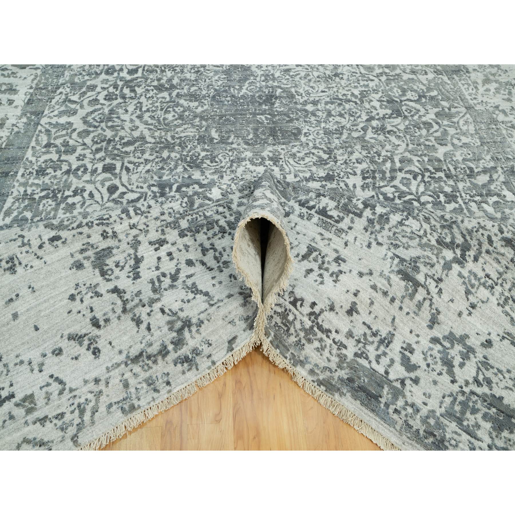 10'x14'1" Stonington Gray, Hand Knotted Persian Broken and Erased Design, Wool and Silk, Tone On Tone Oriental Rug HR90527 - Image 6
