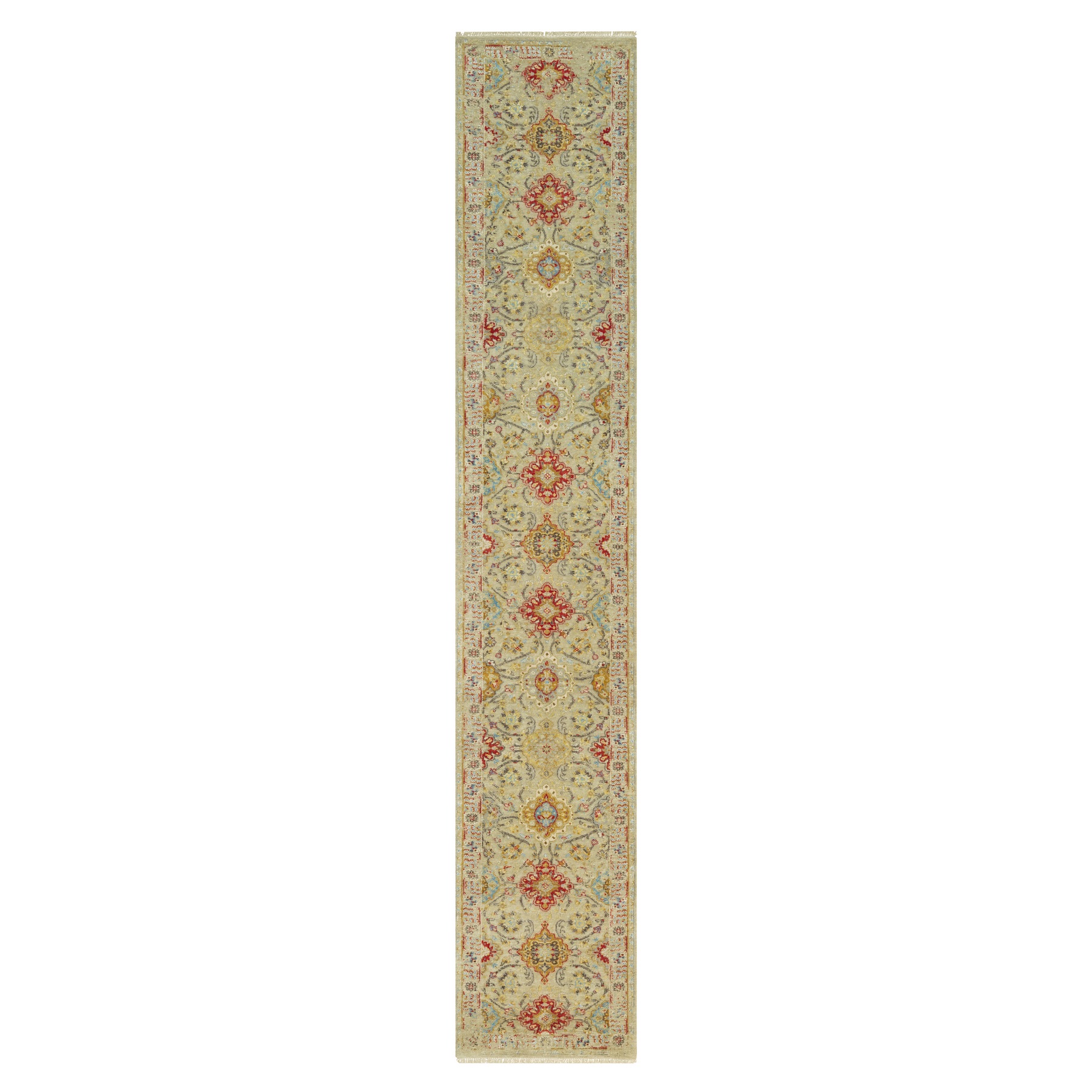 2'9"x16' Breezy Beige, Hand Knotted Soft Shiny Wool, The Sunset Rosettes, Vibrant Colors, Wool and Pure Silk, Runner Oriental Rug HR90528