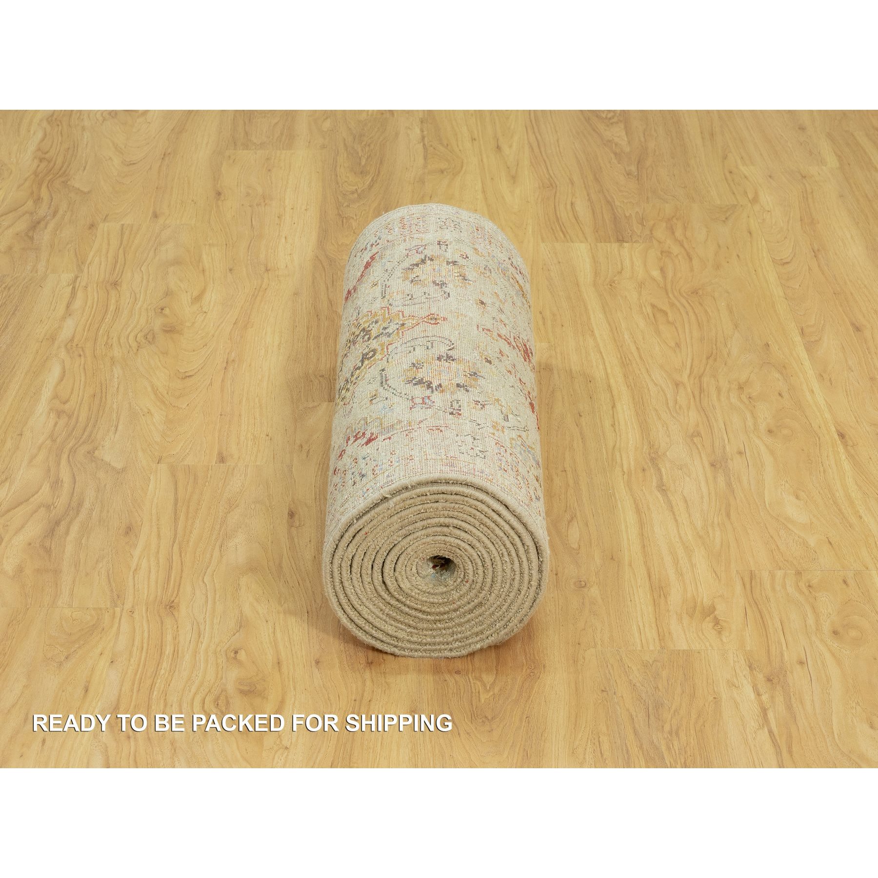 2'9"x16' Breezy Beige, Hand Knotted Soft Shiny Wool, The Sunset Rosettes, Vibrant Colors, Wool and Pure Silk, Runner Oriental Rug HR90528 - Image 6
