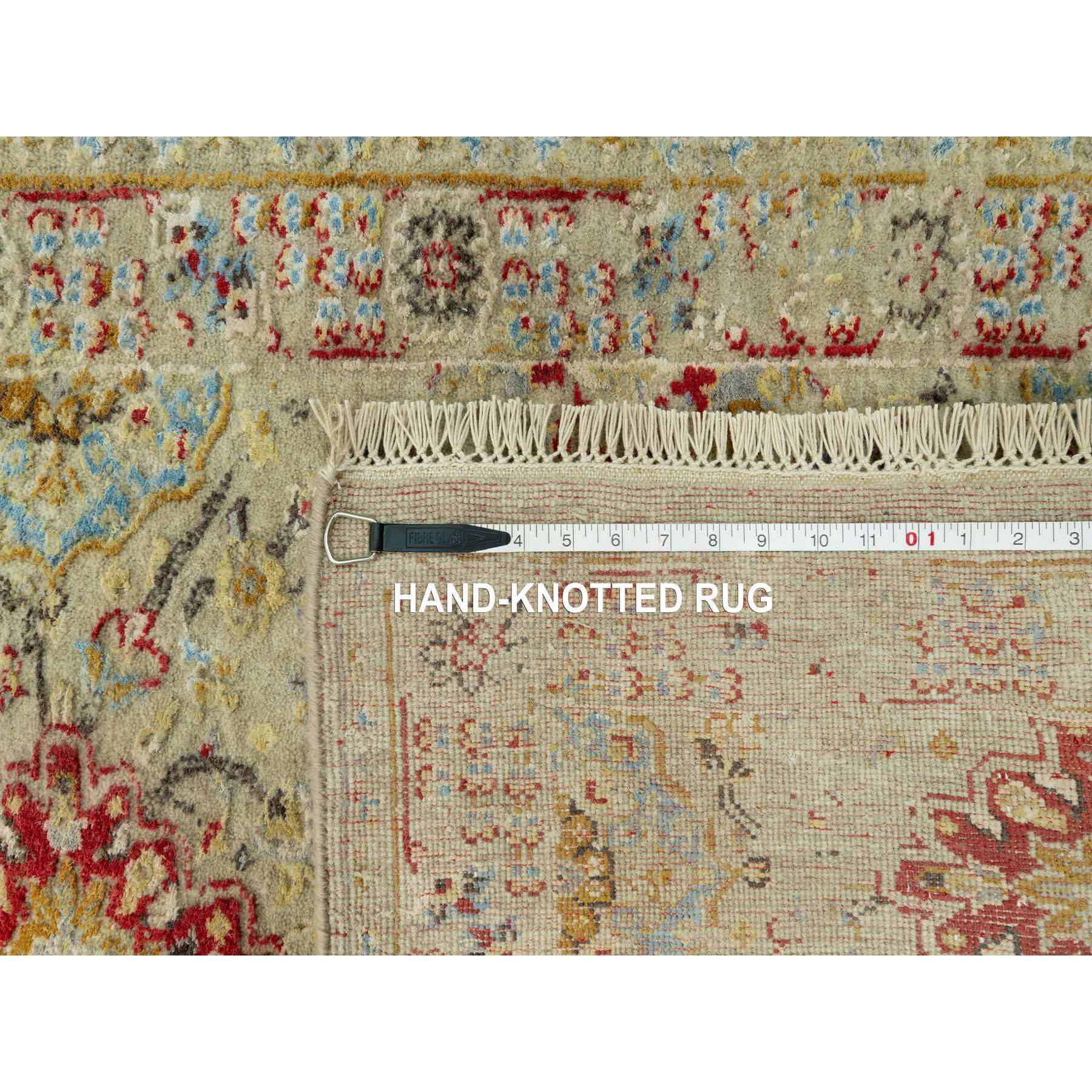 2'9"x16' Breezy Beige, Hand Knotted Soft Shiny Wool, The Sunset Rosettes, Vibrant Colors, Wool and Pure Silk, Runner Oriental Rug HR90528 - Image 8