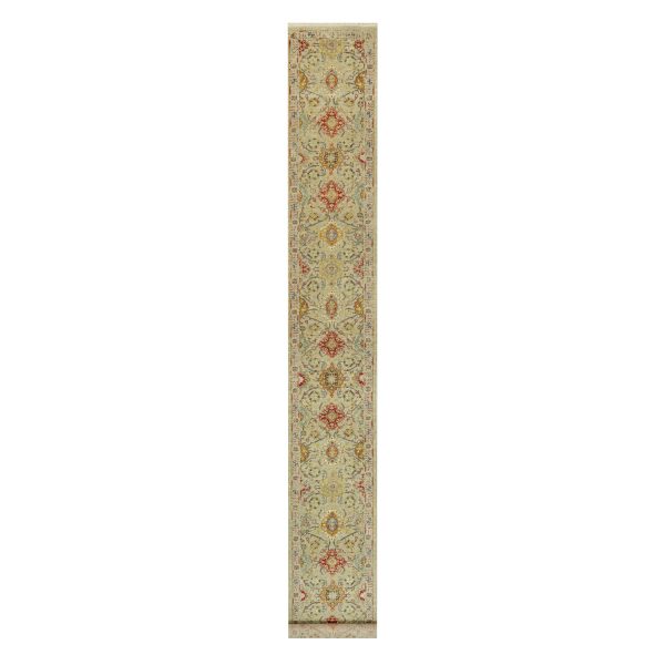 2'7"x19'10" Cape Honey Beige, Hand Knotted, Vibrant Colors with Soft to Touch, Wool and Pure Silk, The Sunset Rosettes, Runner Oriental Rug HR90533
