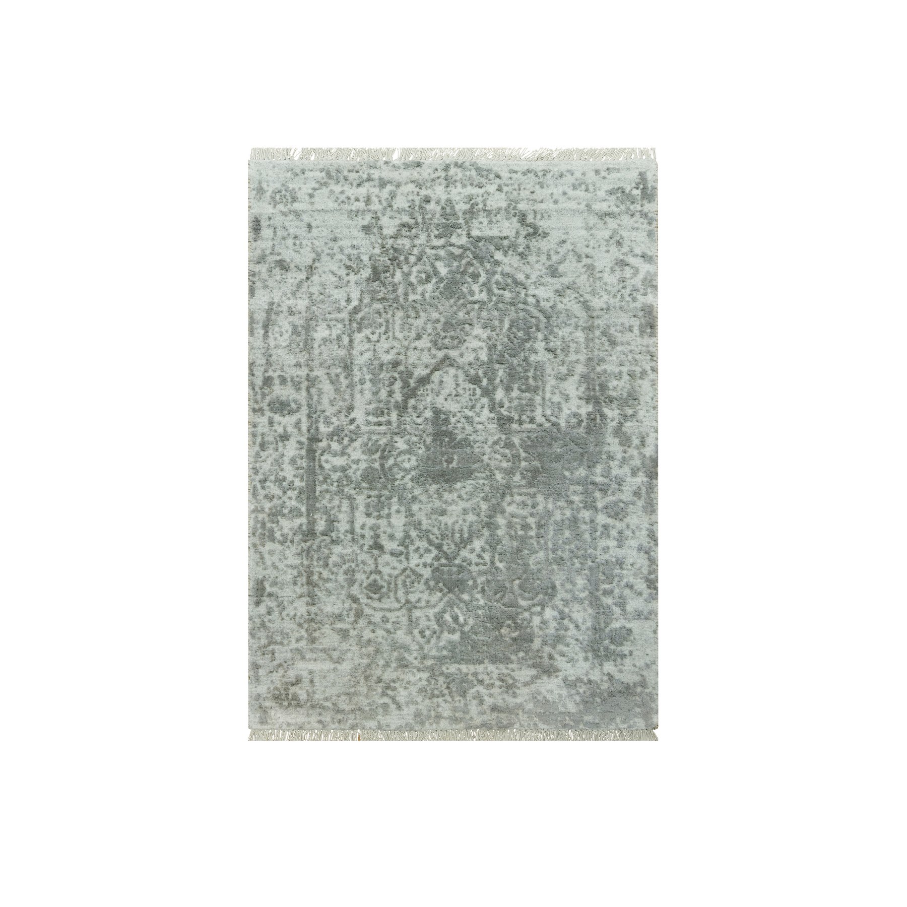 2'x3'2" Xanadu Gray, Broken Wool and Silk, Persian Design, Soft to Touch, Denser Weave, Hand Knotted, Oriental Rug HR90536