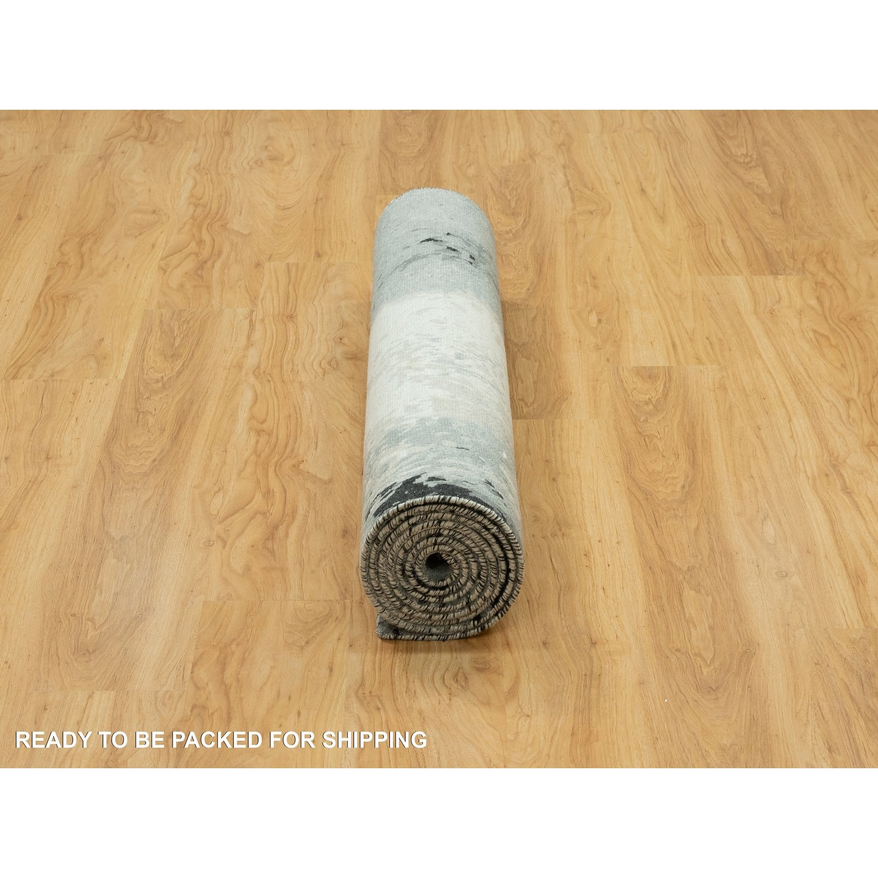 4'x10' Shadow Black with Parchment White, Hand Knotted, Soft to Touch Abstract Design, Wool and Silk, Wide Runner Oriental Rug HR90547 - Image 6