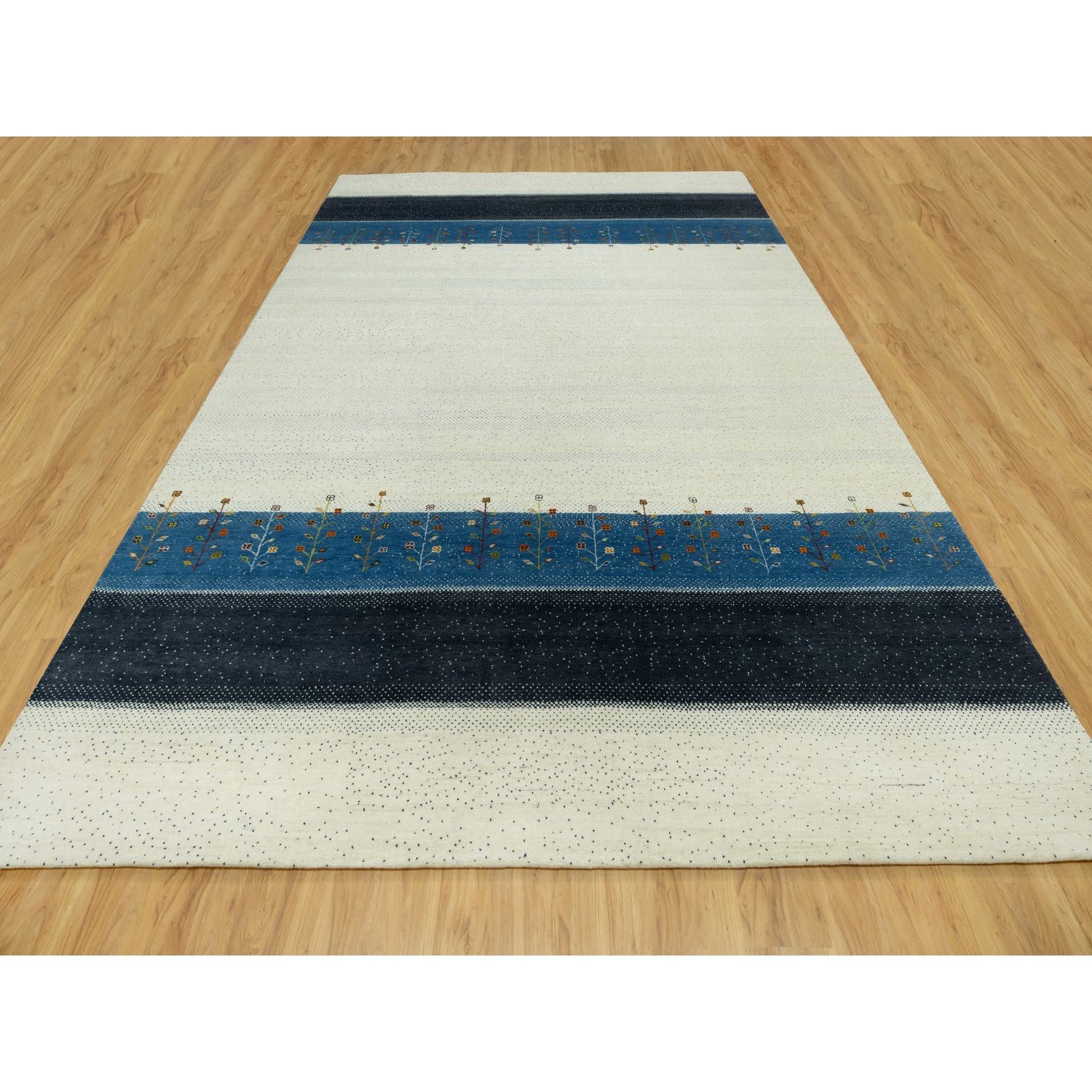 10'x14'1" Floral White, Tree Design Modern Gabbeh Lori Buft , Pure Wool, Hand Knotted Thick and Plush Soft Pile Oriental Rug HR90569 - Image 3