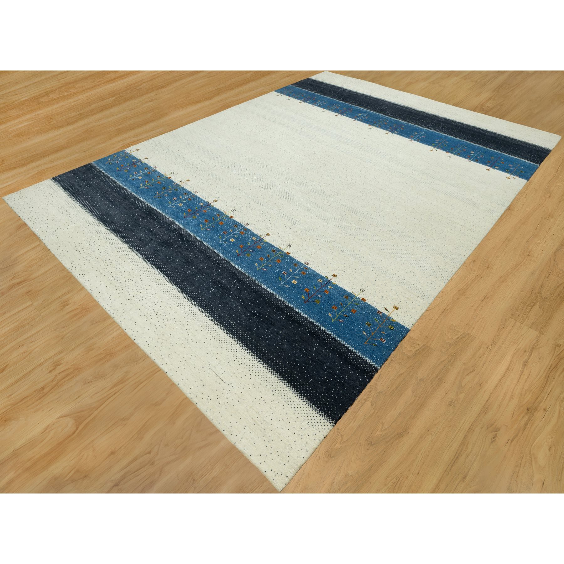 10'x14'1" Floral White, Tree Design Modern Gabbeh Lori Buft , Pure Wool, Hand Knotted Thick and Plush Soft Pile Oriental Rug HR90569 - Image 4