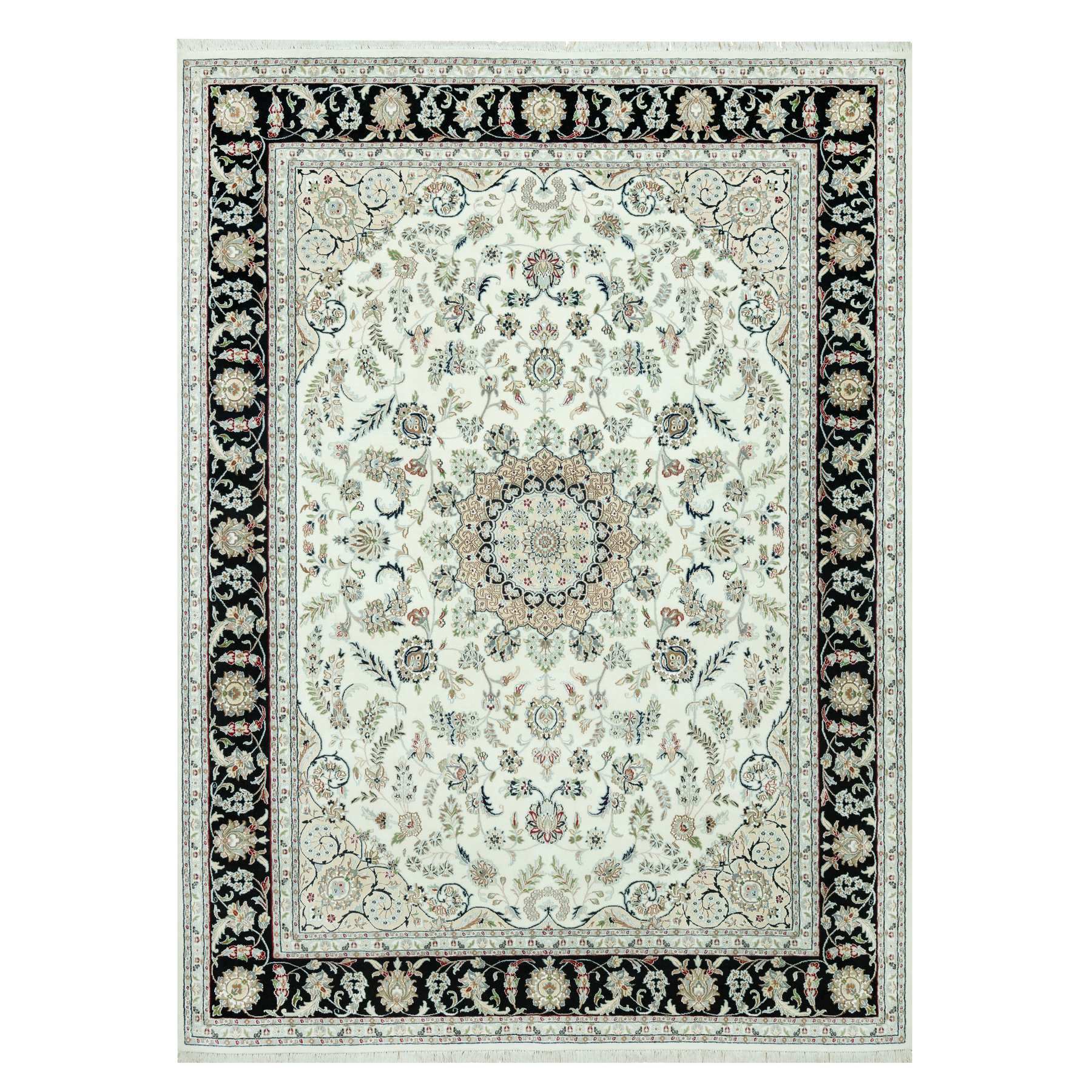 9'x12'2" Snowbound White and Naval Blue, Hand Knotted Densely Woven Nain 250 KPSI Center Medallion Flower Design, 100% Wool, Oriental Rug HR90585