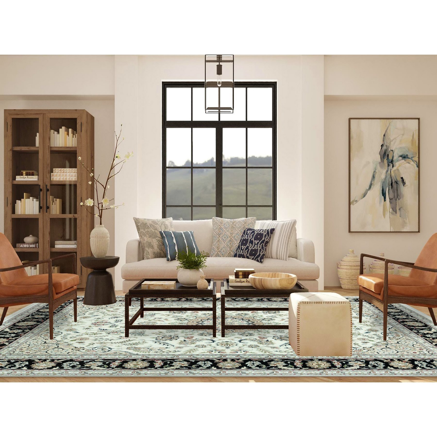 9'x12'2" Snowbound White and Naval Blue, Hand Knotted Densely Woven Nain 250 KPSI Center Medallion Flower Design, 100% Wool, Oriental Rug HR90585 - Image 2