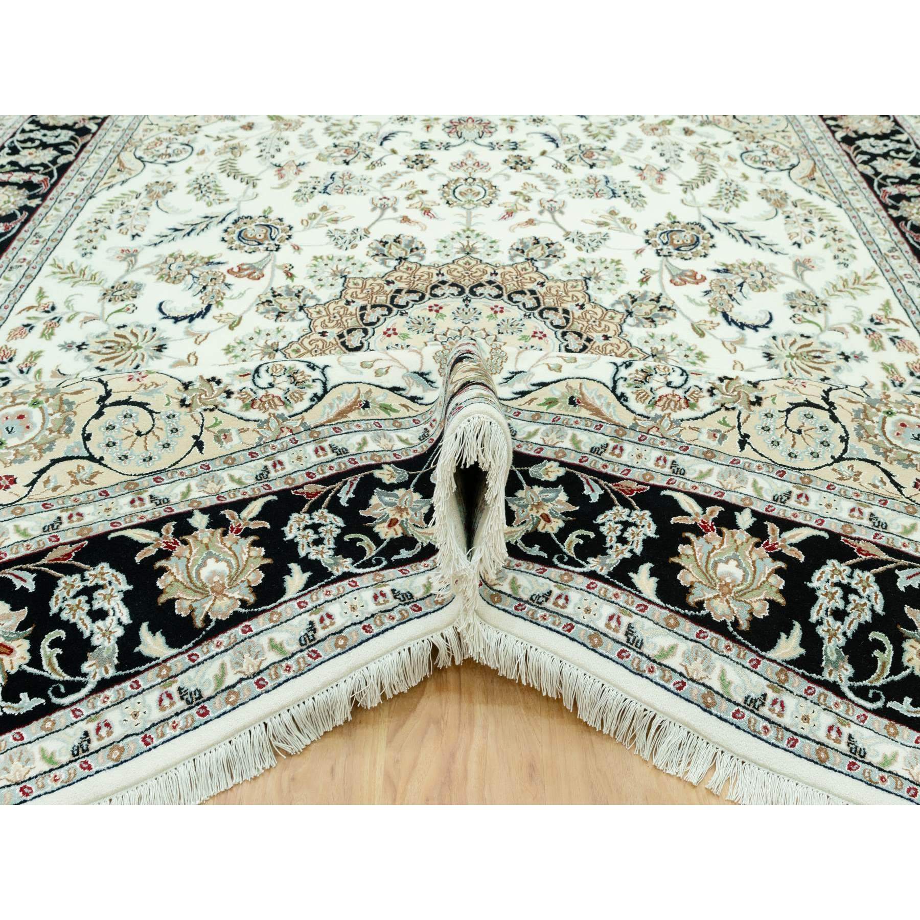 9'x12'2" Snowbound White and Naval Blue, Hand Knotted Densely Woven Nain 250 KPSI Center Medallion Flower Design, 100% Wool, Oriental Rug HR90585 - Image 6