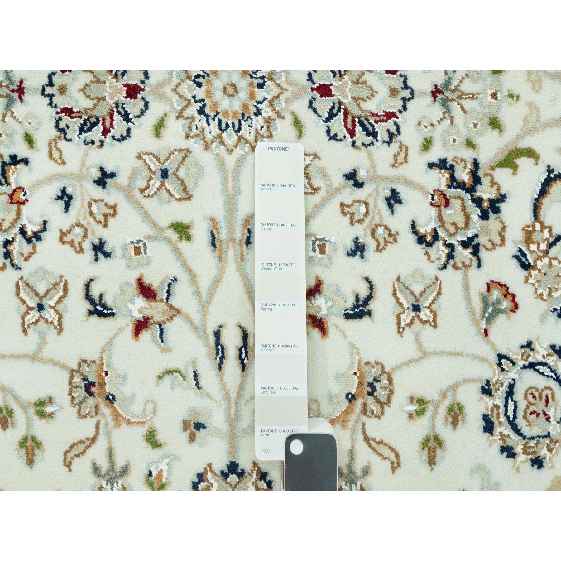 9'x12'2" Snowbound White and Naval Blue, Hand Knotted Densely Woven Nain 250 KPSI Center Medallion Flower Design, 100% Wool, Oriental Rug HR90585 - Image 8