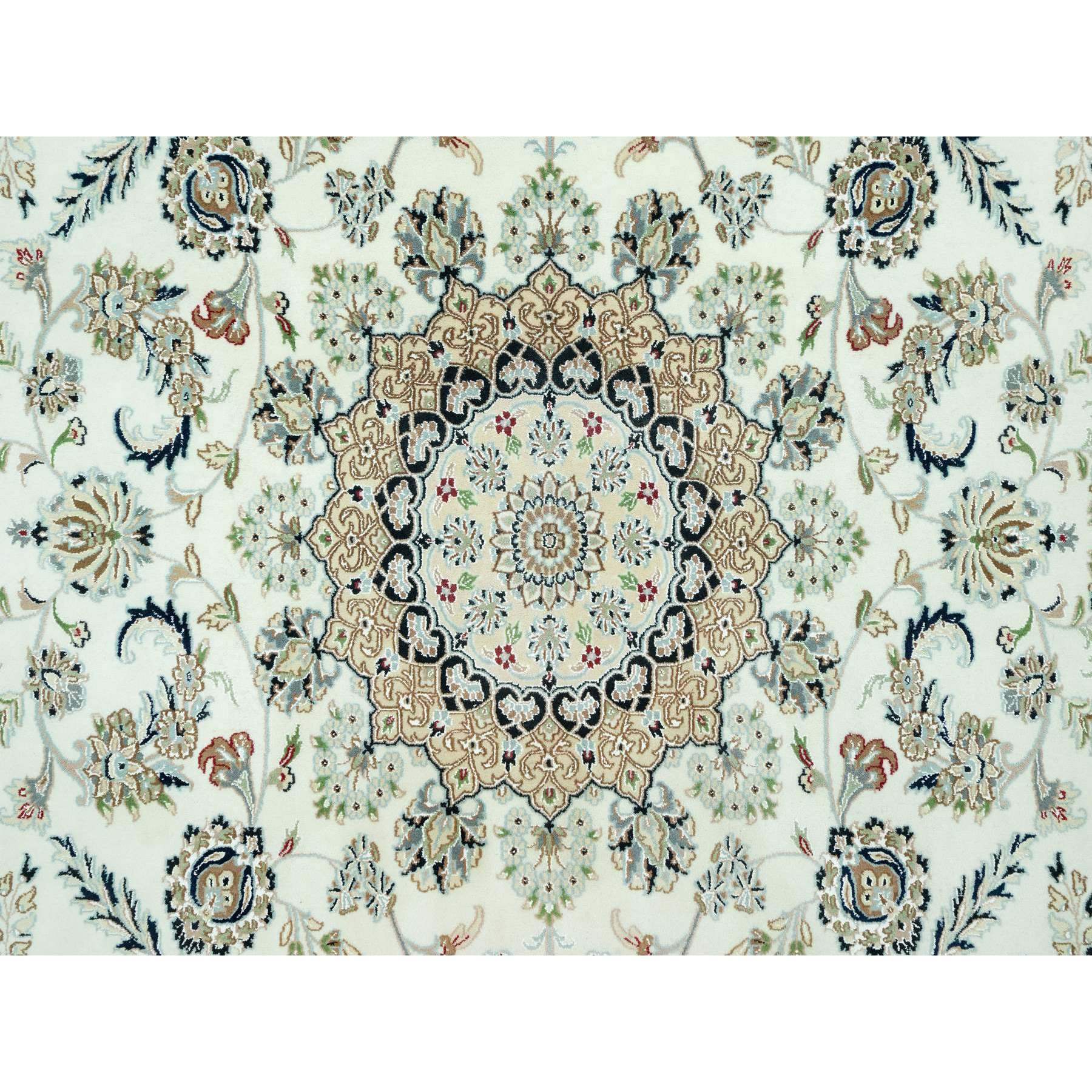 9'x12'2" Snowbound White and Naval Blue, Hand Knotted Densely Woven Nain 250 KPSI Center Medallion Flower Design, 100% Wool, Oriental Rug HR90585 - Image 9