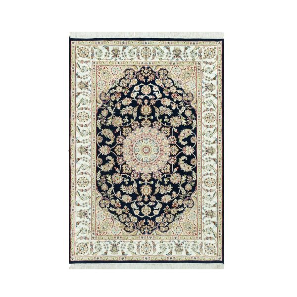 4'3"x6'3" Gale Force Blue, 250 KPSI, Nain Pure Wool Central Medallion Floral Design Denser Weave, Hand Knotted, Oriental Rug HR90619
