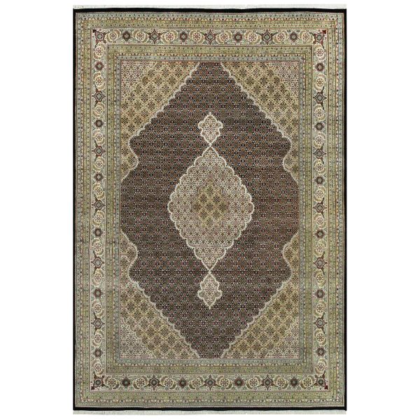9'8"x14'2" Smoky Black With Swan Wing White, Tabriz Mahi With Fish Medallion Design, Densely Woven 100% Wool, Hand Knotted, Oriental Rug HR90624