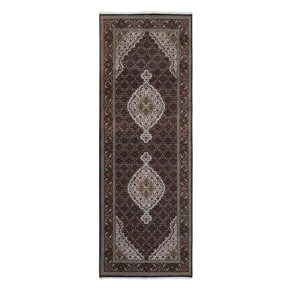 3'10"x10'4" Wool Black Tabriz Mahi with Fish Medallions Design Hand Knotted Wide Runner Oriental Rug HR63320