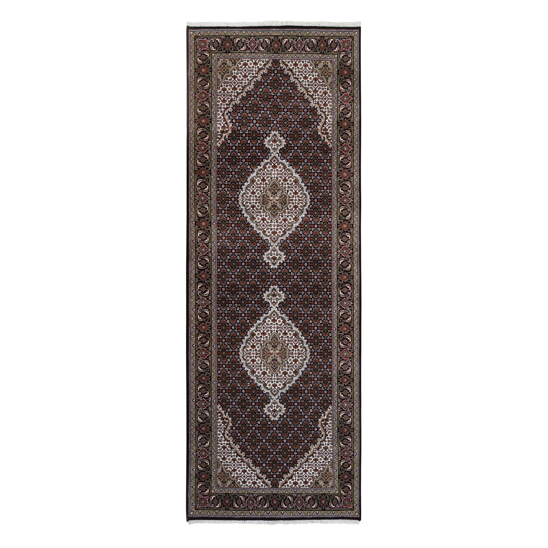 3'10"x10'4" Wool Black Tabriz Mahi with Fish Medallions Design Hand Knotted Wide Runner Oriental Rug HR63320