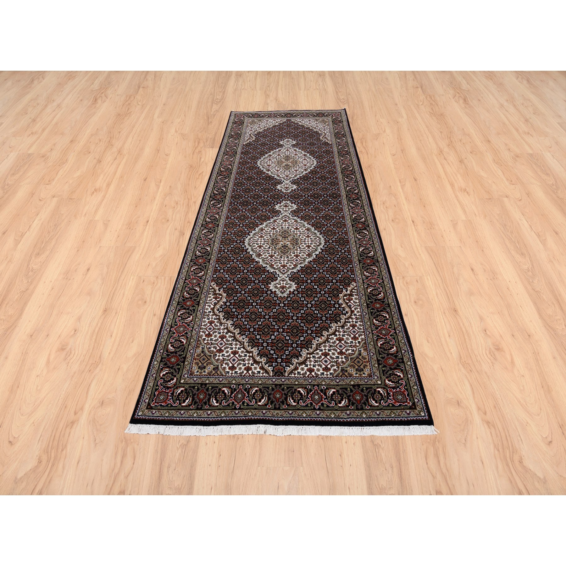 3'10"x10'4" Wool Black Tabriz Mahi with Fish Medallions Design Hand Knotted Wide Runner Oriental Rug HR63320 - Image 2