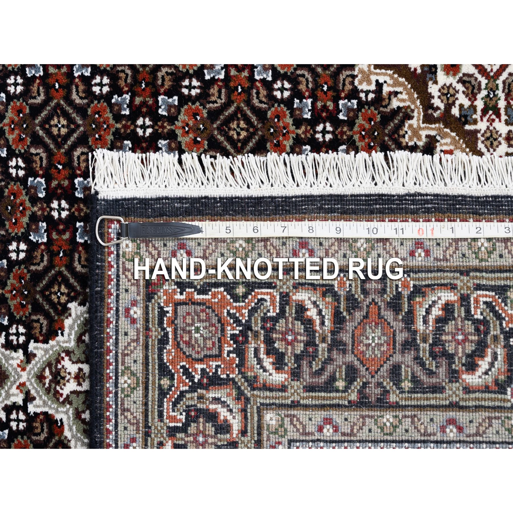 3'10"x10'4" Wool Black Tabriz Mahi with Fish Medallions Design Hand Knotted Wide Runner Oriental Rug HR63320 - Image 8