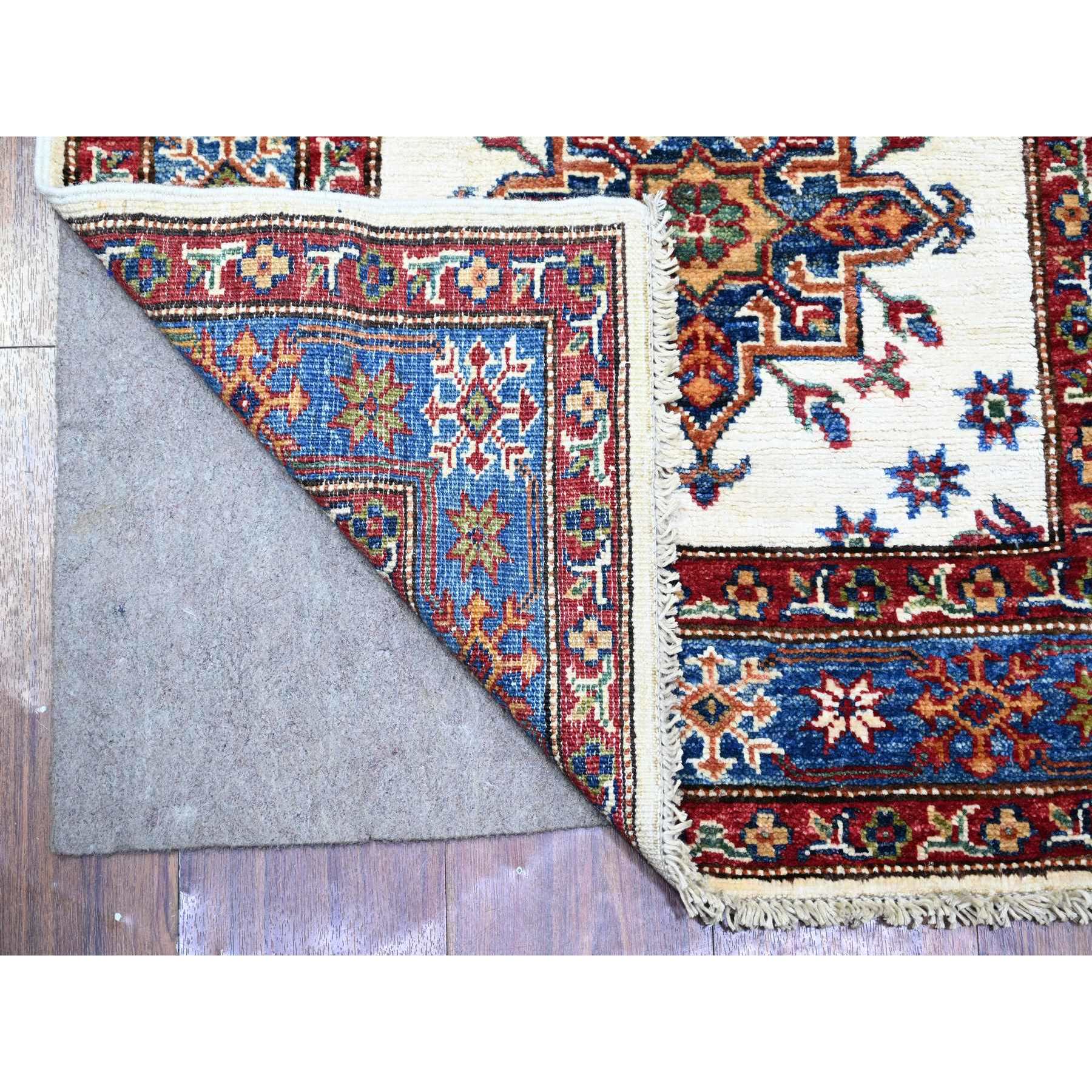 2'7"x12'10" Porcelain Ivory, Hand Knotted, Multiple Border, Afghan Super Kazak with Tribal Medallions Design, Runner Oriental Rug HR74812 - Image 2