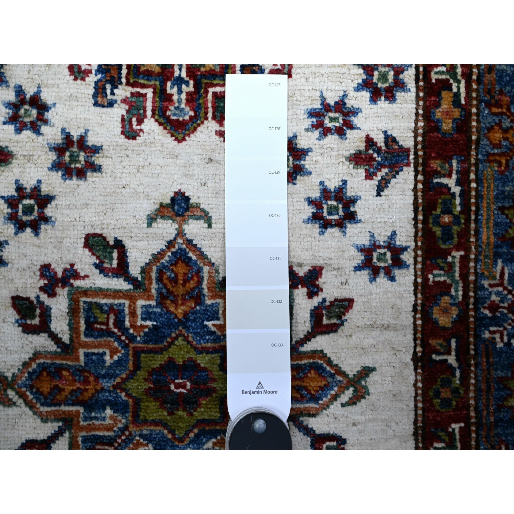 2'7"x12'10" Porcelain Ivory, Hand Knotted, Multiple Border, Afghan Super Kazak with Tribal Medallions Design, Runner Oriental Rug HR74812 - Image 3