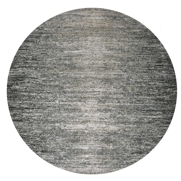 12'x12' Tricorn Black with Shade of Gray, Modern Striae Design, Soft Pile Wool and Silk Hand Knotted, Round Oriental Rug HR75337