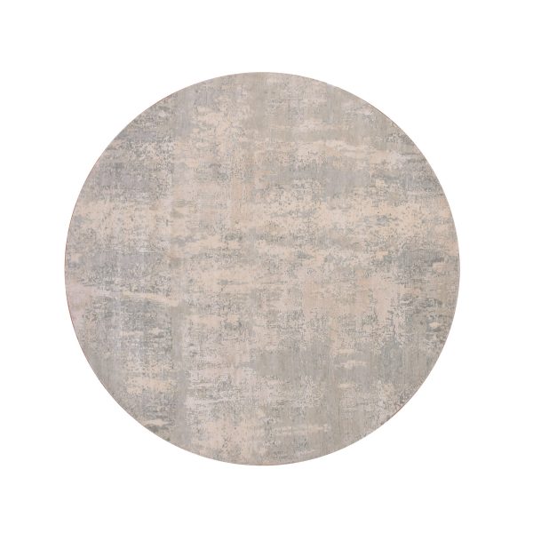 7'x7' Debonair Gray With Mix Of Harbor Gray, Hand Knotted, Modern With Abstract Pattern, Wool and Silk Oriental Round Rug HR75346