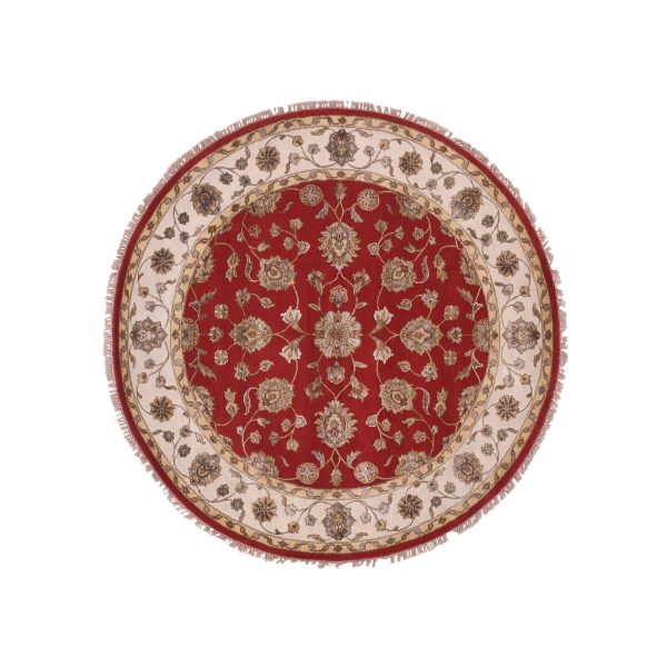6'x6' Caliente Red With Cloud White, Rajasthan Design All Over Pattern, Hand Knotted Thick and Plush, Wool and Silk, Round Oriental Rug HR75362