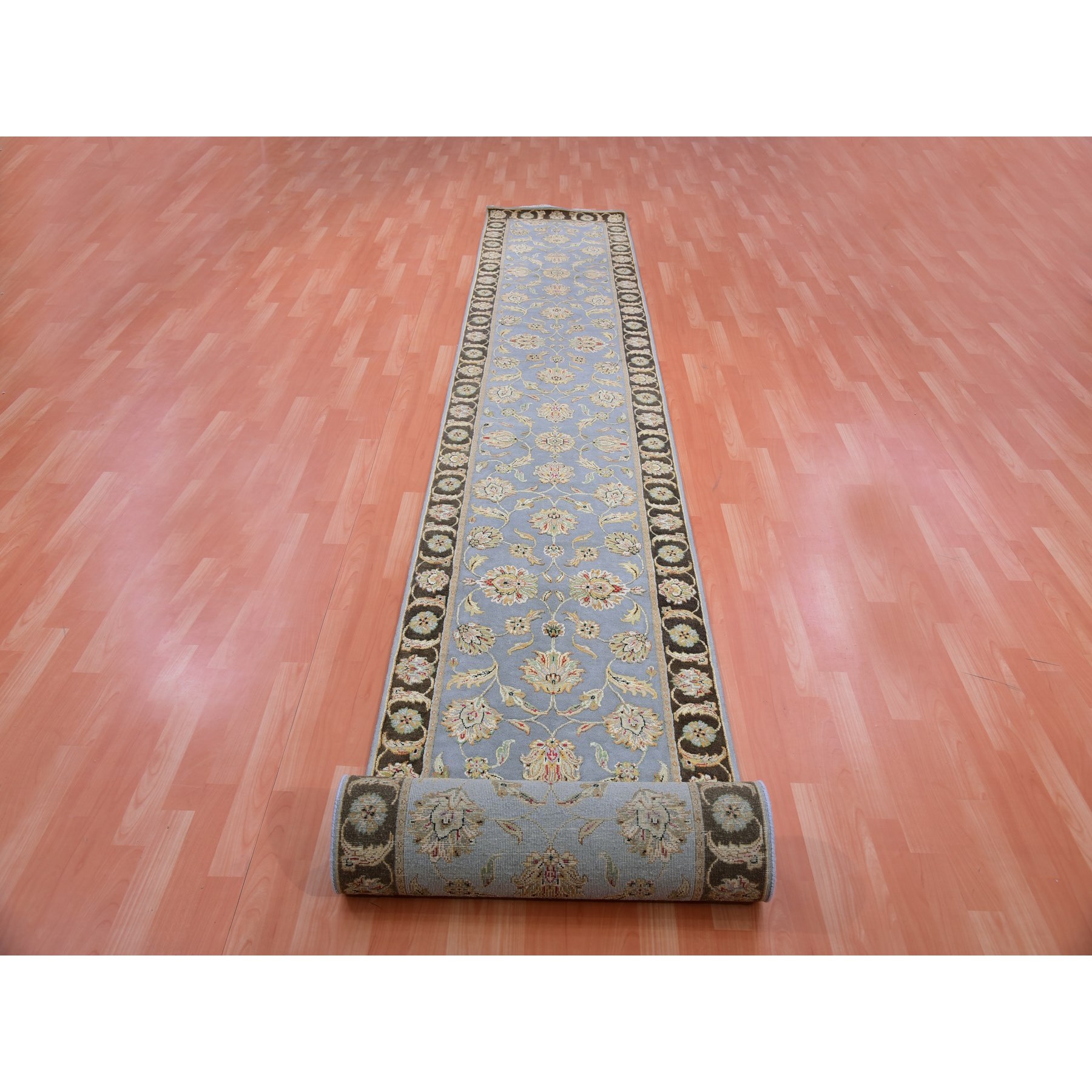 2'8"x20'8" Cathedral Gray and Raisin Brown, Hand Knotted, Thick and Plush, Rajasthan All Over Leaf Pattern, Wool and Silk, XL Runner Oriental Rug HR75371 - Image 2