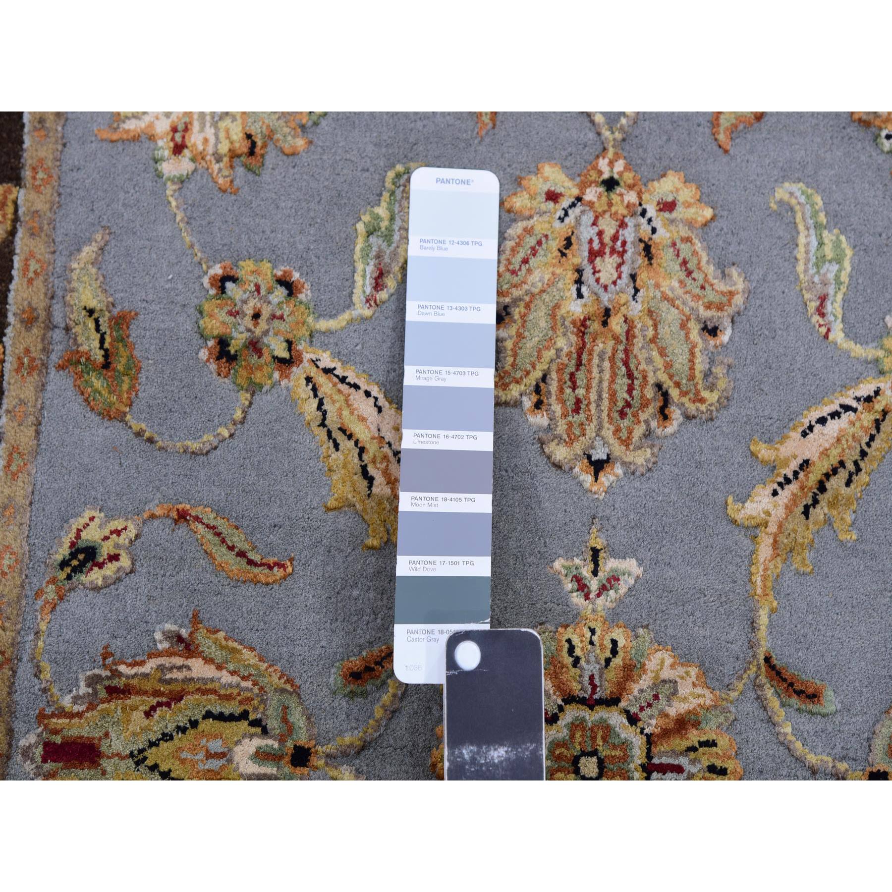 2'8"x20'8" Cathedral Gray and Raisin Brown, Hand Knotted, Thick and Plush, Rajasthan All Over Leaf Pattern, Wool and Silk, XL Runner Oriental Rug HR75371 - Image 4