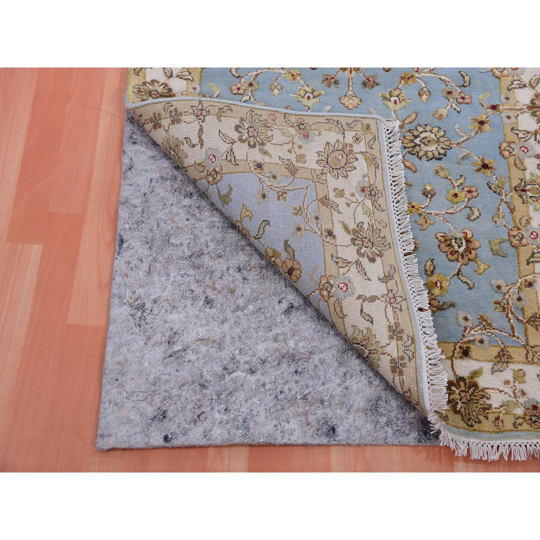 3'x12'2" Windy Blue, Greek Villa White Border, Hand Knotted, Rajasthan All Over Leaf Design Soft Pile, Wool and Silk, Thick and Plush, Oriental Runner Rug HR75380 - Image 3