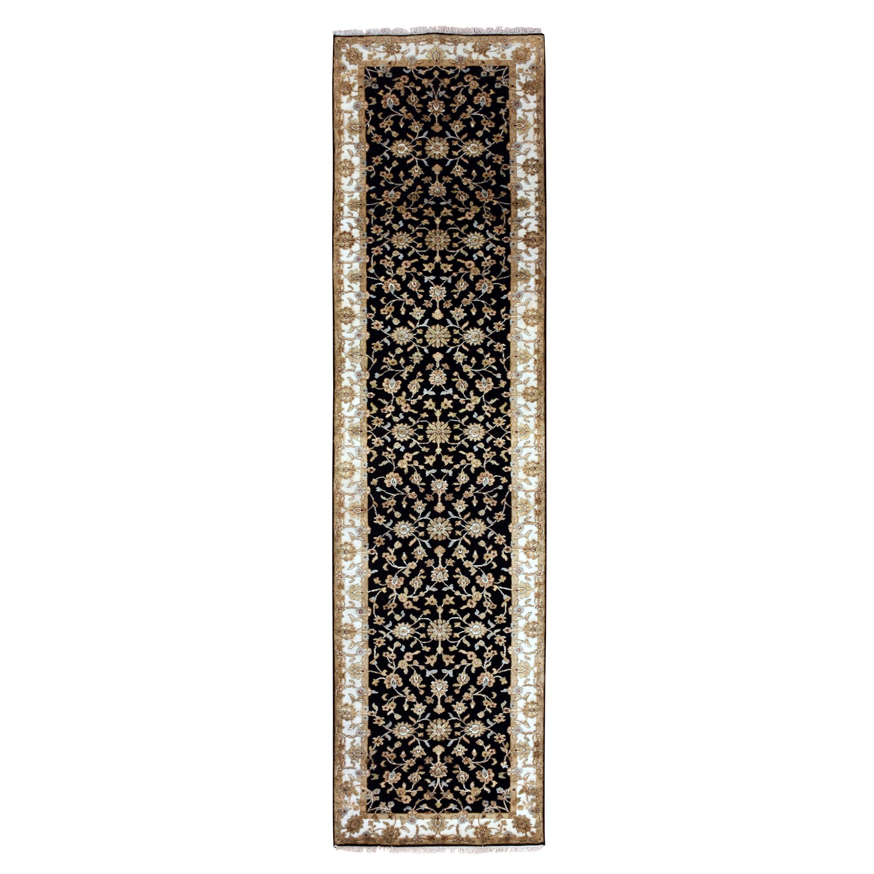 3'1"x12'2" Caviar Black, Wool and Silk Rajasthan Design Thick and Plush, All Over Leaf Pattern, Hand Knotted Oriental Runner Rug HR75384