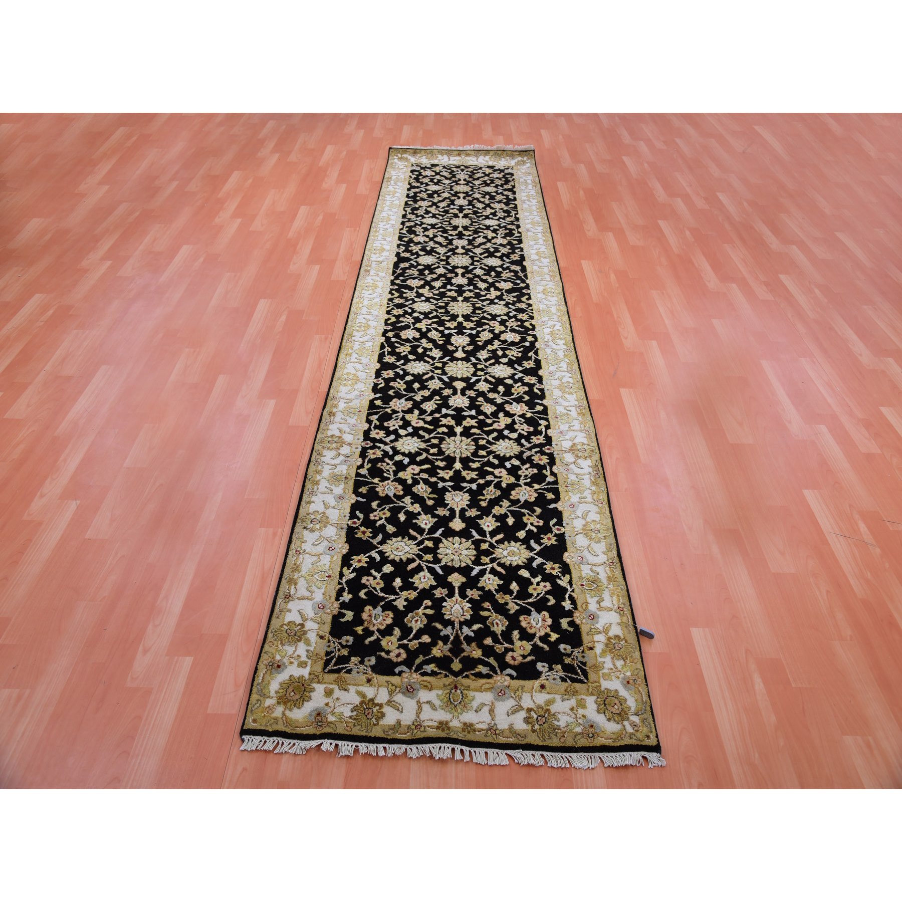 3'1"x12'2" Caviar Black, Wool and Silk Rajasthan Design Thick and Plush, All Over Leaf Pattern, Hand Knotted Oriental Runner Rug HR75384 - Image 2