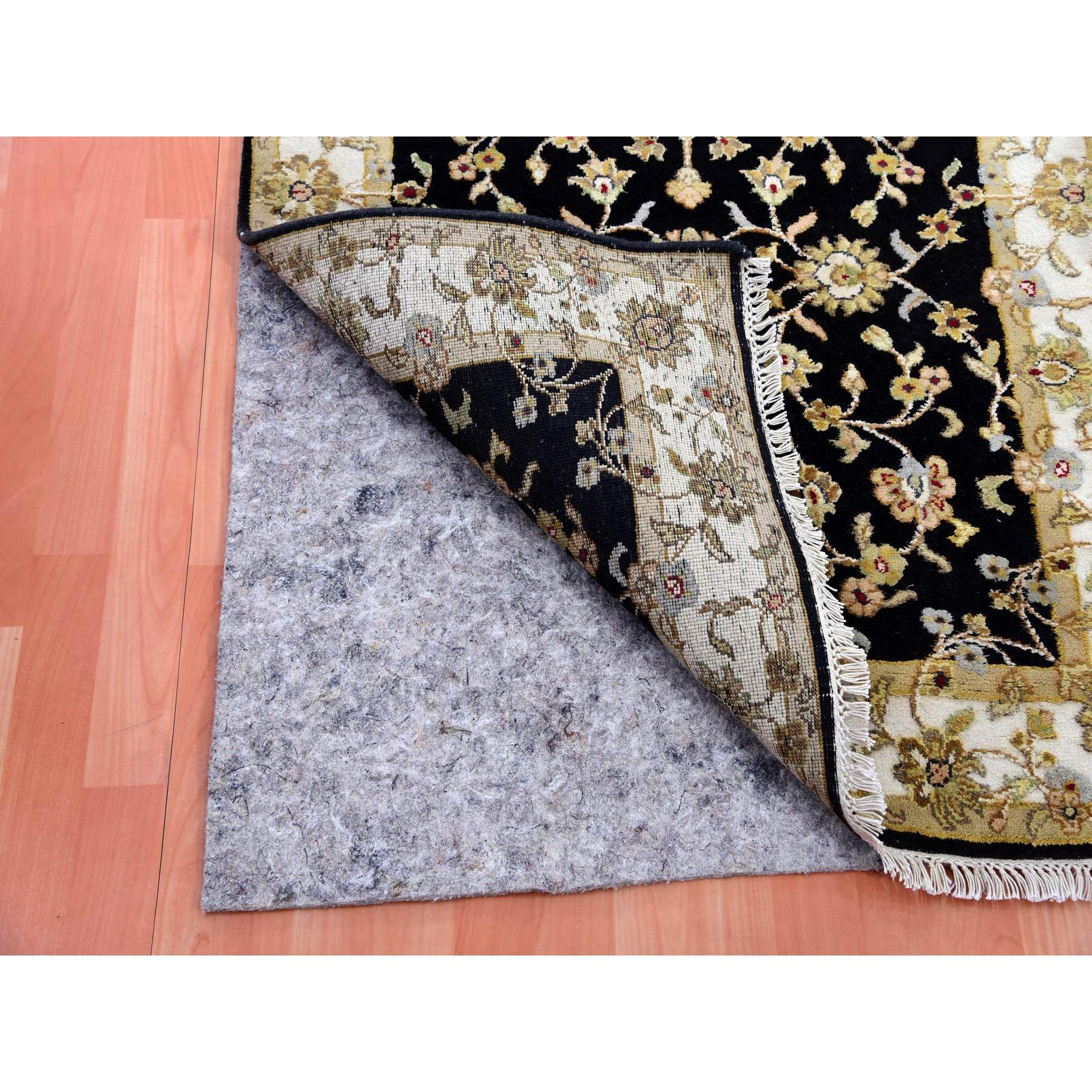 3'1"x12'2" Caviar Black, Wool and Silk Rajasthan Design Thick and Plush, All Over Leaf Pattern, Hand Knotted Oriental Runner Rug HR75384 - Image 3