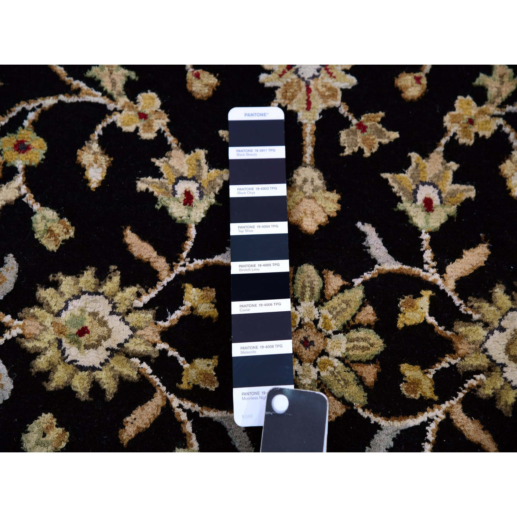 3'1"x12'2" Caviar Black, Wool and Silk Rajasthan Design Thick and Plush, All Over Leaf Pattern, Hand Knotted Oriental Runner Rug HR75384 - Image 4
