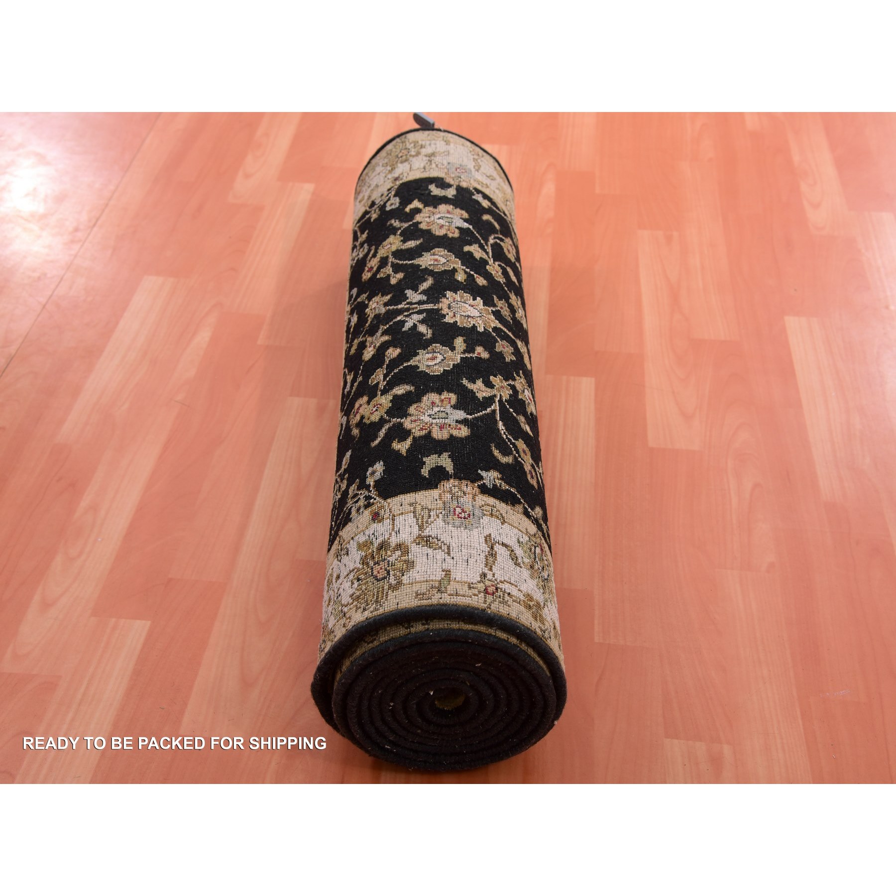 3'1"x12'2" Caviar Black, Wool and Silk Rajasthan Design Thick and Plush, All Over Leaf Pattern, Hand Knotted Oriental Runner Rug HR75384 - Image 5